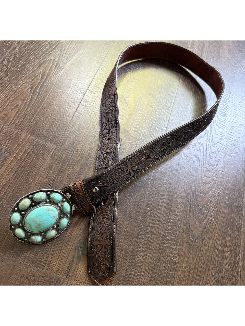 Nocona USA Brown Tooled Leather Western Belt Turquoise Statement Buckle